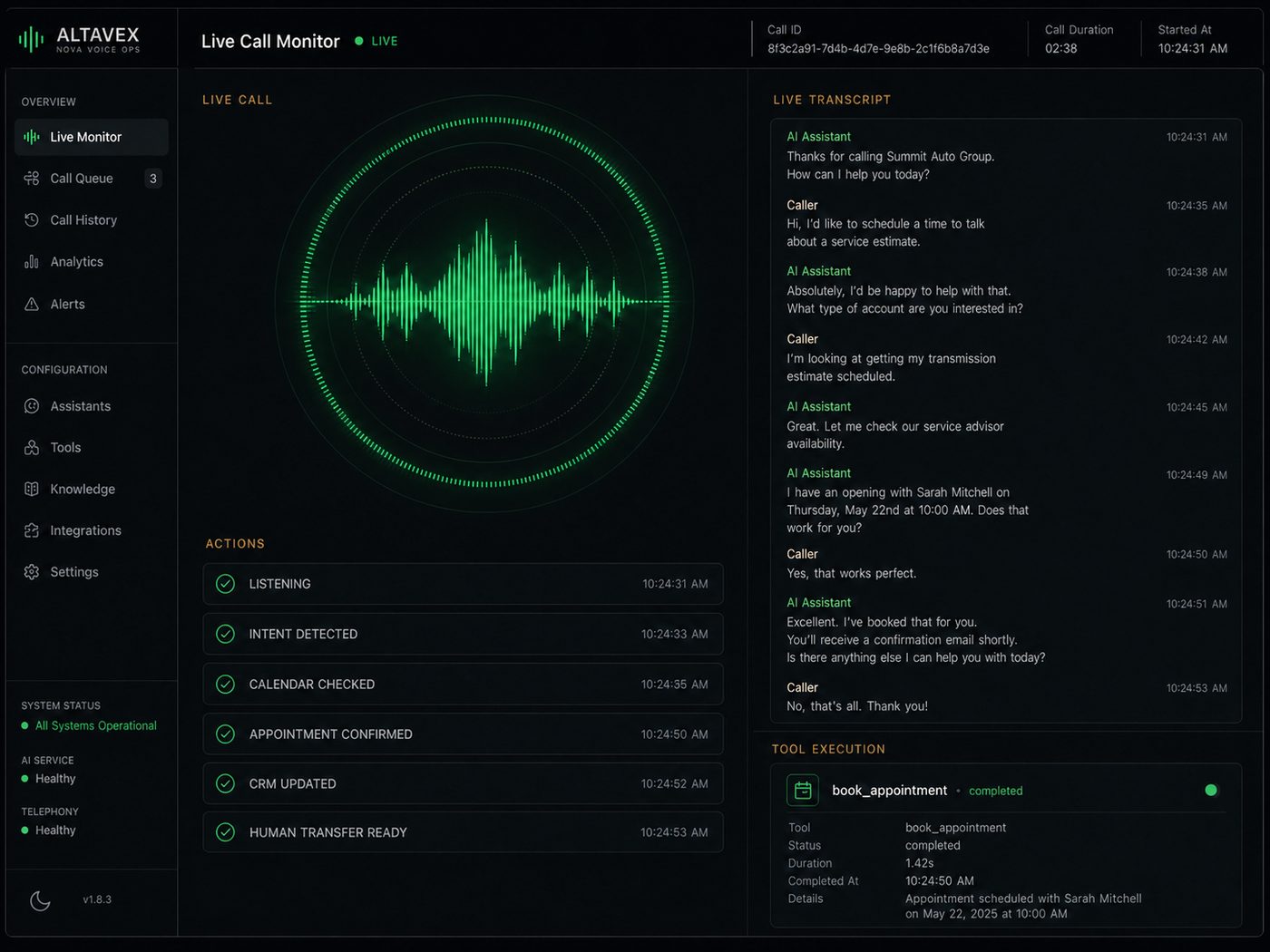 Nova live call interface showing transcript, intent detection and human-transfer readiness